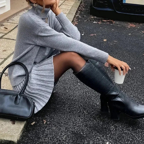 Grey Casual Women's High Neck Pullover Sweaters - Picture 1 of 7